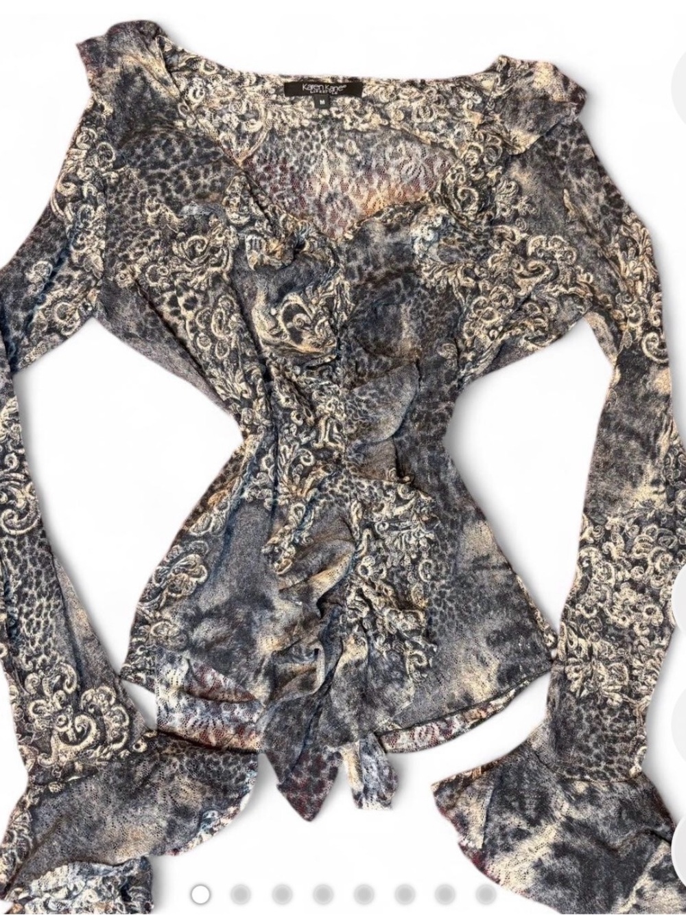 y2k mesh blouse floral detailing with ruffles and lace trim (Karen Kane)